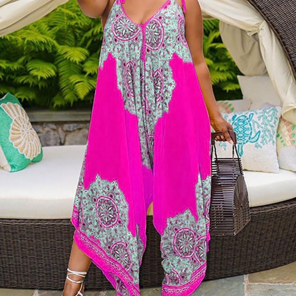 PlusSize VNeck Graphic Detail Wide Leg Jumpsuit